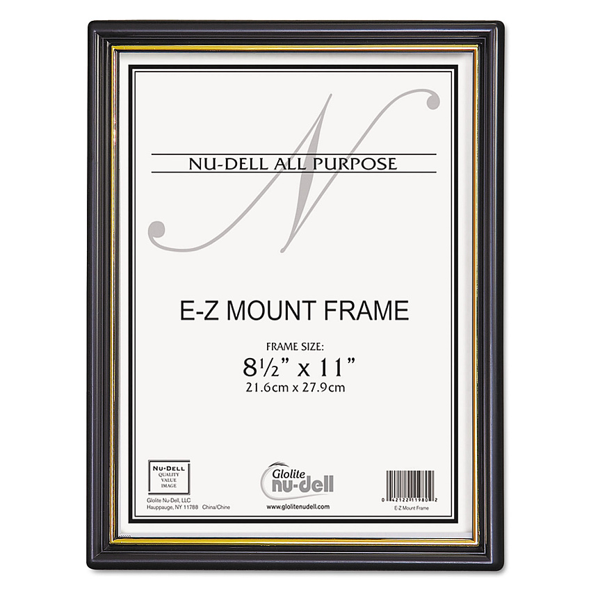 NuDell EZ Mount Document Frame with Trim Accent and Plastic Face, Plastic, 8.5 x 11 Insert, Black/Gold, 18/Carton (11818)