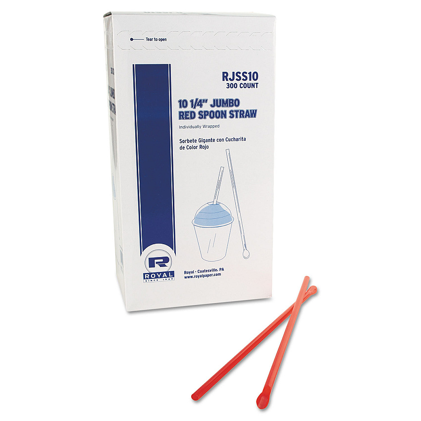AmerCareRoyal Jumbo Spoon Straw, 10.25", Plastic, Red, 300/Pack, 18 Packs/Carton (RJSS10)