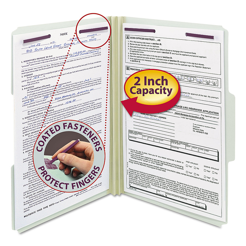Smead Recycled Pressboard Fastener Folders, 1/3-Cut Tabs, Two SafeSHIELD Fasteners, 2" Expansion, Legal Size, Gray-Green, 25/Box (19934)