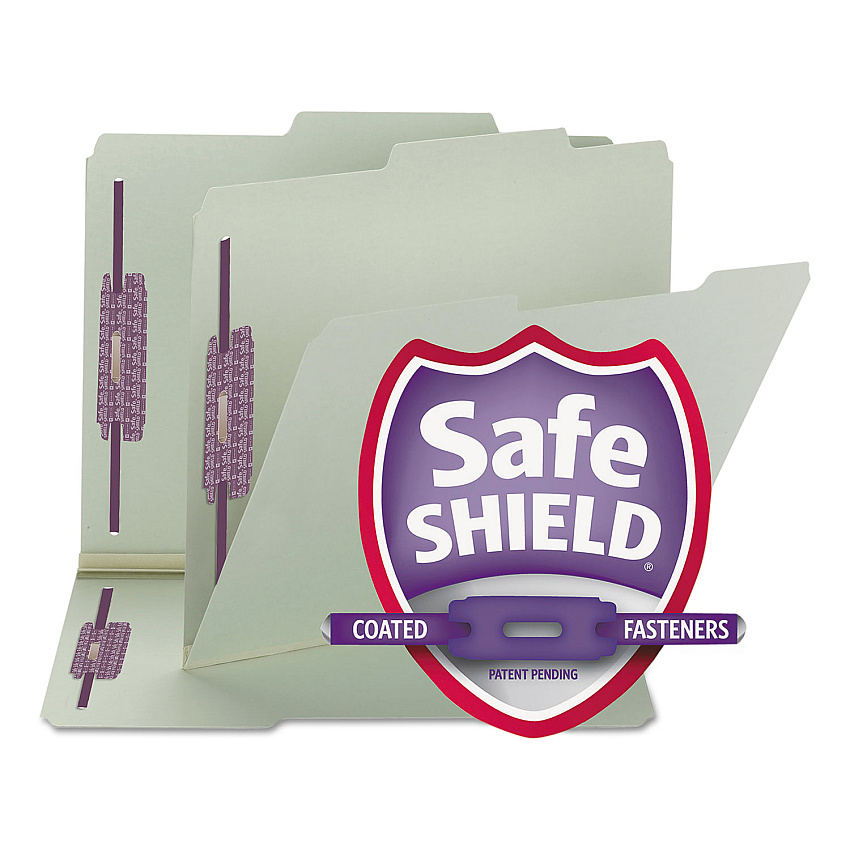 Smead Recycled Pressboard Folders, Two SafeSHIELD Coated Fasteners, 2/5-Cut: R of C, 1" Expansion, Letter Size, Gray-Green, 25/Box (14980)