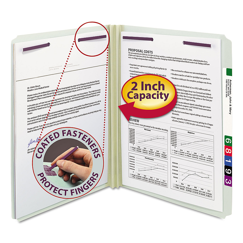 Smead Recycled Pressboard Fastener Folders, Straight Tabs, Two SafeSHIELD Fasteners, 2" Expansion, Letter Size, Gray-Green, 25/Box (14910)