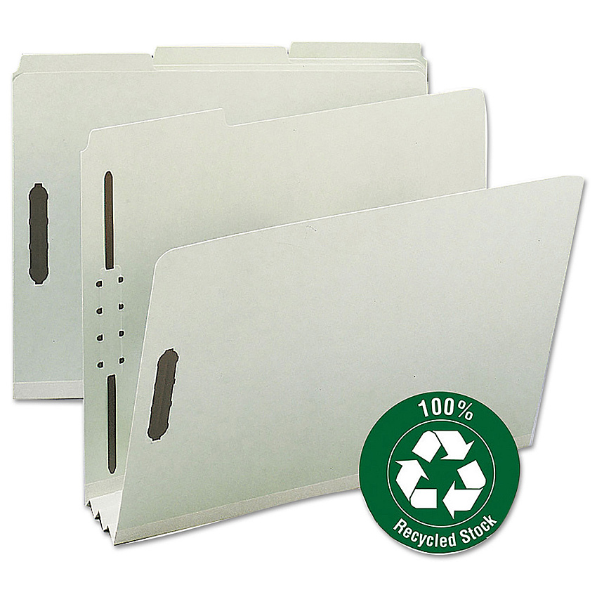 Smead Recycled Pressboard Fastener Folders, 3" Expansion, 2 Fasteners, Letter Size, Gray-Green Exterior, 25/Box (15005)