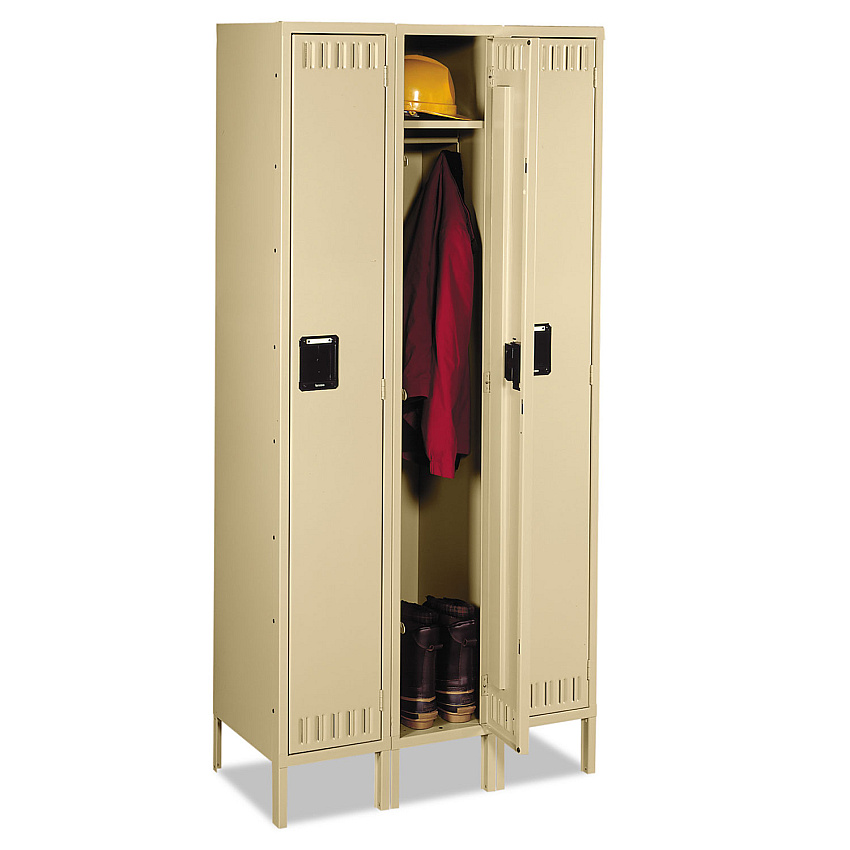 Tennsco Single-Tier Locker with Legs, Three Lockers with Hat Shelves and Coat Rods, 36w x 18d x 78h, Sand (STS1218723SD)
