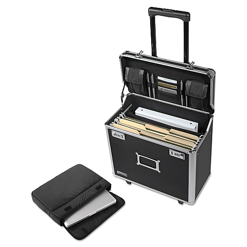 Vaultz Locking Mobile Rolling Business Case, Fits Devices Up to 16", Aluminum/Chrome/Fiberboard, 10 x 16 x 15, Black (VZ00194)