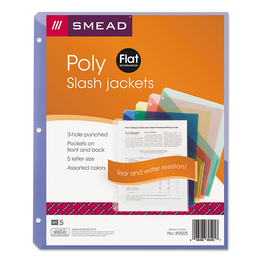 Smead Organized Up Poly Slash Jackets, 2-Sections, Letter Size, Assorted Colors, 5/Pack (89505)