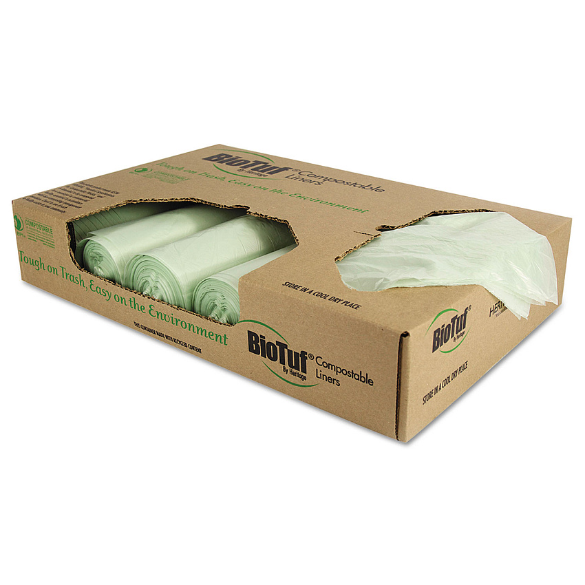 Heritage Biotuf Compostable Can Liners, 32 gal, 1 mil, 34" x 48", Green, 20 Bags/Roll, 5 Rolls/Carton (Y6848YER01)