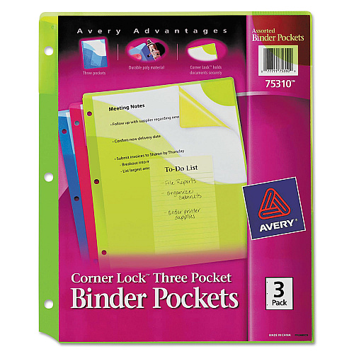 Avery Corner Lock Three-Pocket Binder Pocket, 9.25 x 11.25, Assorted Color, 3/Pack (75310)