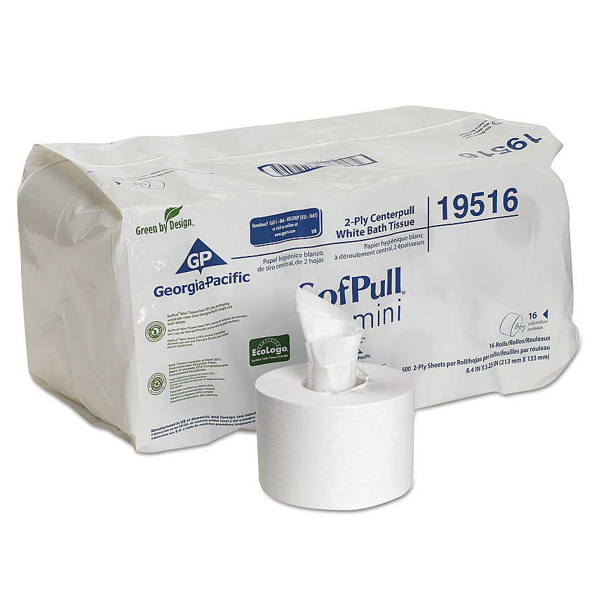 SofPull&reg; Professional Mini Centerpull Toilet Paper, Septic Safe, 2-Ply, 500 Sheets/Roll, 16 Rolls/Carton (19516)
