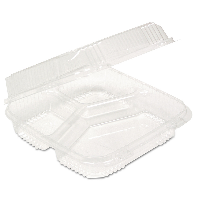 Pactiv ClearView SmartLock Hinged Lid Container, 3-Compartment, 5 oz/14 oz, 8.2 x 8.34 x 2,91, Clear, Plastic, 200/Carton (YCI81123)