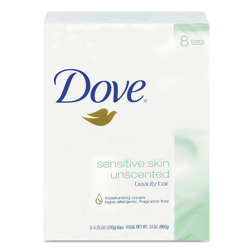 Dove Sensitive Skin Bath Bar, Unscented, 4.5 oz, 8 Bars/Pack, 9 Packs/Carton (CB613789)