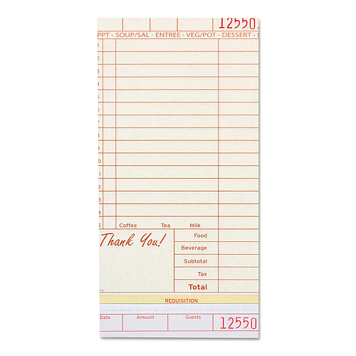 Guest Check Loose-pack Refill, 15 Lines, Three-part Carbonless, 4.2 X 8.5, 200 Forms/pad, 10 Pads/carton