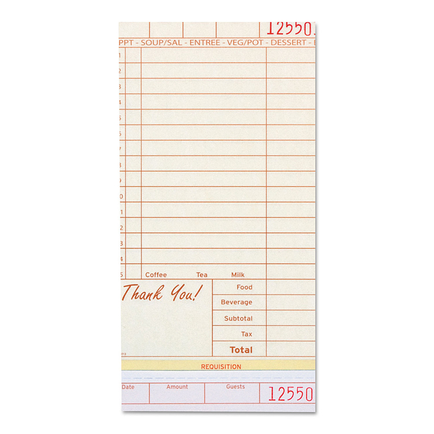 Guest Check Loose-pack Refill, 15 Lines, Three-part Carbonless, 4.2 X 8.5, 200 Forms/pad, 10 Pads/carton