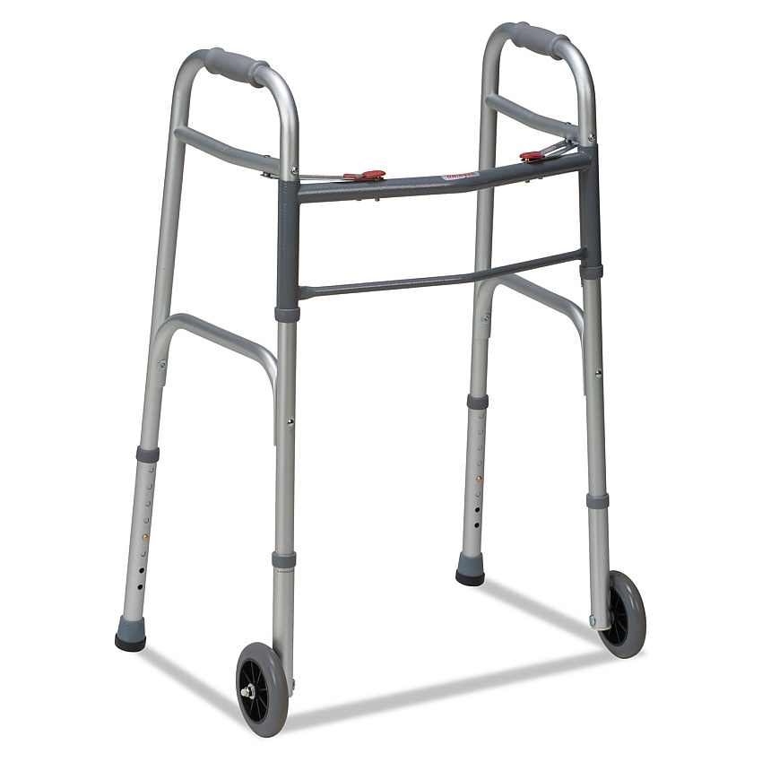 DMI 80210450600 Two-Button Release Folding Walker with Wheels
