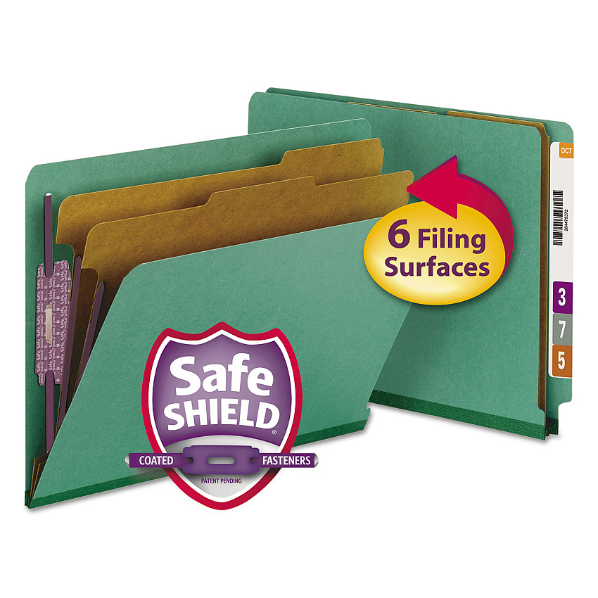 Smead End Tab Pressboard Classification Folders, Six SafeSHIELD Fasteners, 2" Expansion, 2 Dividers, Letter Size, Green, 10/Box (26785)