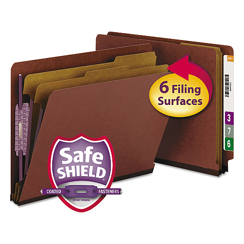 Smead End Tab Pressboard Classification Folders, Six SafeSHIELD Fasteners, 2" Expansion, 2 Dividers, Letter Size, Red, 10/Box (26860)