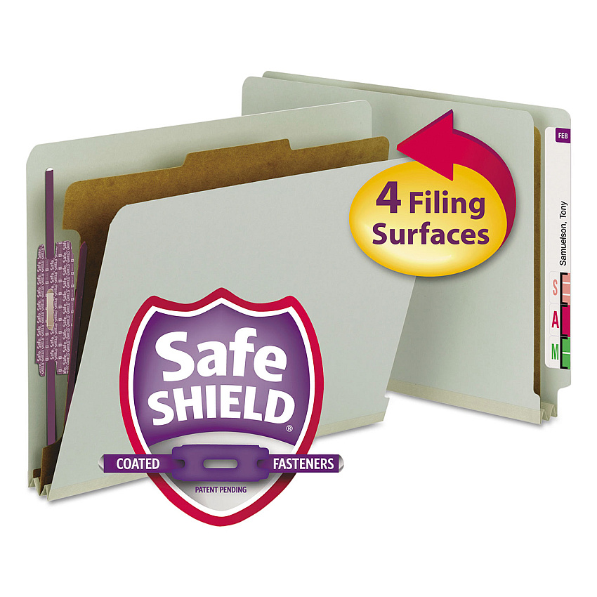 Smead End Tab Pressboard Classification Folders, Four SafeSHIELD Fasteners, 2" Expansion, 1 Divider, Letter Size, Gray-Green, 10/BX (26800)
