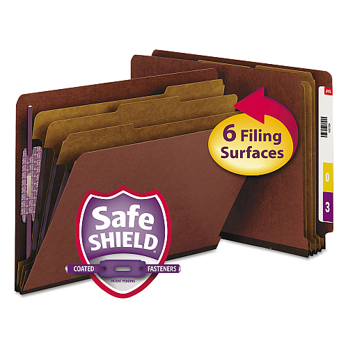 Smead End Tab Pressboard Classification Folders, Eight SafeSHIELD Fasteners, 3" Expansion, 3 Dividers, Letter Size, Red, 10/Box (26865)