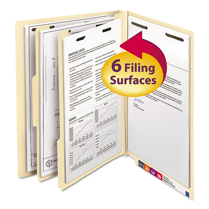 Smead Manila End Tab Classification Folders, 2" Expansion, 2 Dividers, 6 Fasteners, Letter Size, Manila Exterior, 10/Box (26835)