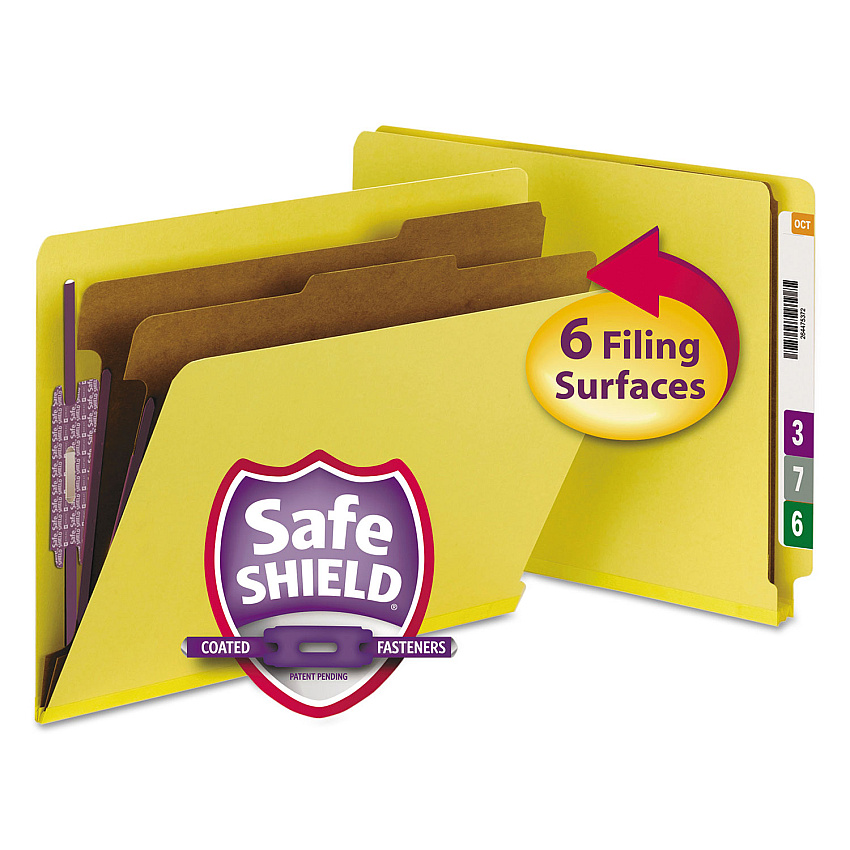 Smead End Tab Pressboard Classification Folders, Six SafeSHIELD Fasteners, 2" Expansion, 2 Dividers, Letter Size, Yellow, 10/Box (26789)