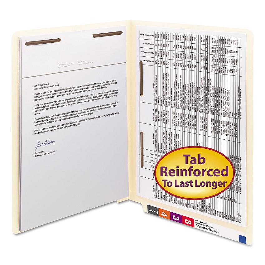 Smead End Tab Fastener Folders with Reinforced Straight Tabs, 11-pt Manila, 2 Fasteners: Top/Side, Letter Size, Manila, 50/Box (34120)