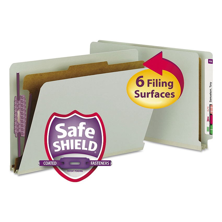Smead End Tab Pressboard Classification Folders, Four SafeSHIELD Fasteners, 2" Expansion, 1 Divider, Legal Size, Gray-Green, 10/Box (29800)