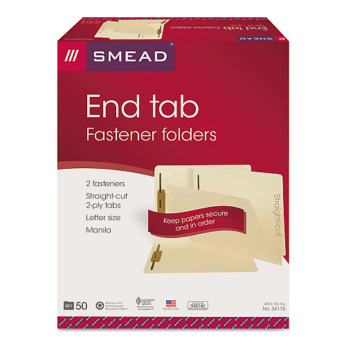 Smead End Tab Fastener Folders with Reinforced Straight Tabs, 11-pt Manila, 2 Fasteners, Letter Size, Manila Exterior, 50/Box (34115)