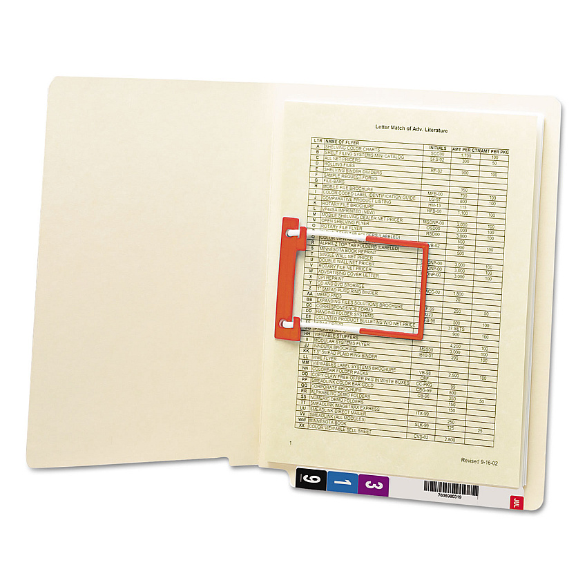 Smead Heavyweight Manila Reinforced End Tab U-Clip Fastener Folders, 0.75" Expansion, 1 Fastener, Letter Size, Manila, 50/Box (34112)