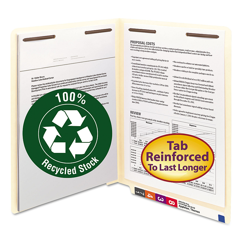 Smead Recycled Manila End Tab Fastener Folders, 0.75" Expansion, 2 Fasteners, Letter Size, Manila Exterior, 50/Box (34160)