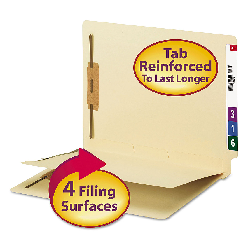 Smead Fastener Folder with Divider, 0.75" Expansion, 1 Divider, 4 Fasteners, Letter Size, Manila Exterior, 50/Box (34220)