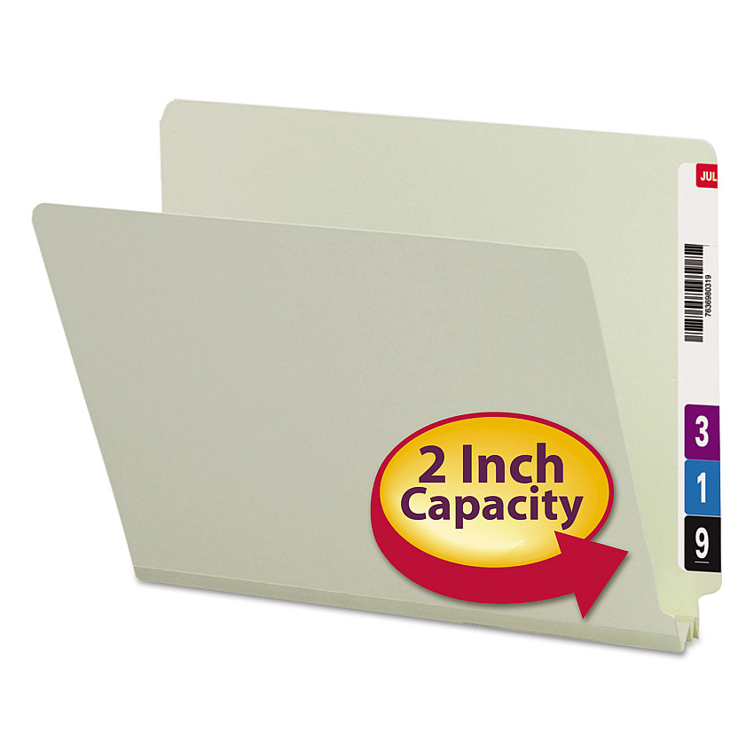 Smead Extra-Heavy Recycled Pressboard End Tab Folders, Straight Tabs, Letter Size, 2" Expansion, Gray-Green, 25/Box (26210)