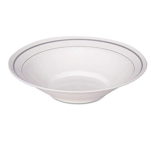 WNA Masterpiece Plastic Dinnerware, Bowl, 10 oz, White/Silver, 10/Pack, 15 Packs/Carton (MPBWL10WSLVR)