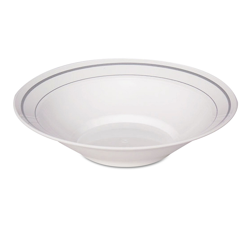 WNA Masterpiece Plastic Dinnerware, Bowl, 10 oz, White/Silver, 10/Pack, 15 Packs/Carton (MPBWL10WSLVR)
