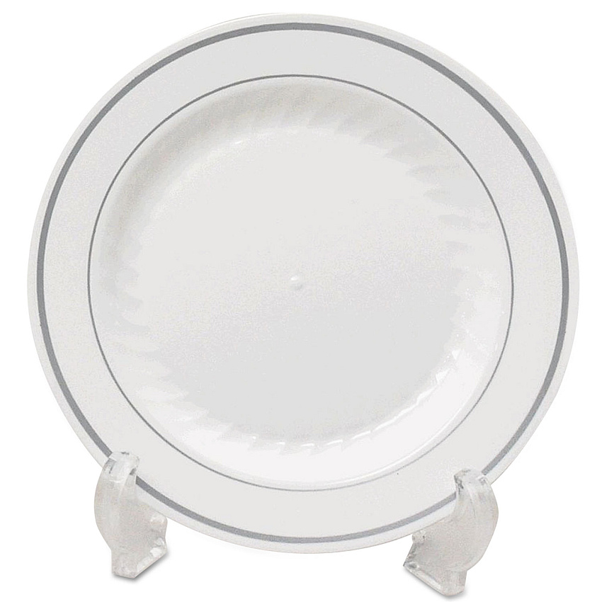 WNA Masterpiece Plastic Dinnerware, Plate, 9" dia, White/Silver, 12/Pack, 10 Packs/Carton (MP9WSLVR)
