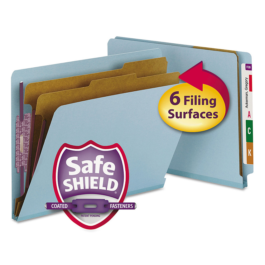 Smead End Tab Pressboard Classification Folders, Six SafeSHIELD Fasteners, 2" Expansion, 2 Dividers, Letter Size, Blue, 10/Box (26781)