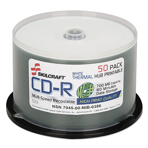 AbilityOne 7045016269521, SKILCRAFT CD-R Recordable Disc, 700 MB/80 min, 52x, Spindle, White, 50/Pack
