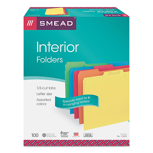 Smead Interior File Folders, 1/3-Cut Tabs: Assorted, Letter Size, 0.75" Expansion, Assorted Colors, 100/Box (10229)
