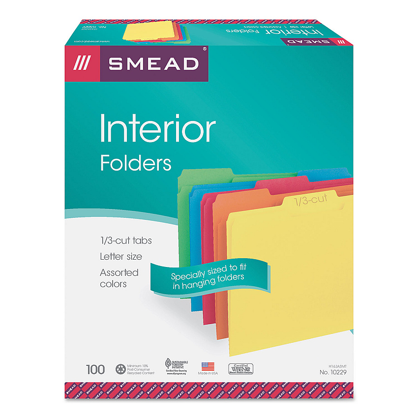 Smead Interior File Folders, 1/3-Cut Tabs: Assorted, Letter Size, 0.75" Expansion, Assorted Colors, 100/Box (10229)