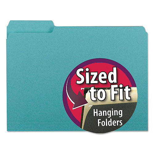 Smead Interior File Folders, 1/3-Cut Tabs: Assorted, Letter Size, 0.75" Expansion, Aqua, 100/Box (10235)