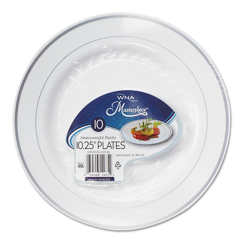 WNA Masterpiece Plastic Plates, 10.25" dia, White/Silver, 10/Pack, 12 Packs/Carton (RSM101210WS)