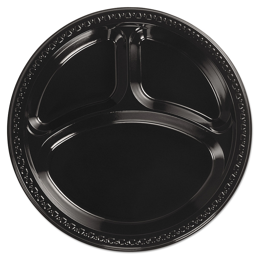 Chinet Heavyweight Plastic 3-Compartment Plates, 10.25" dia, Black, 125/Pack, 4 Packs/Carton (81430)