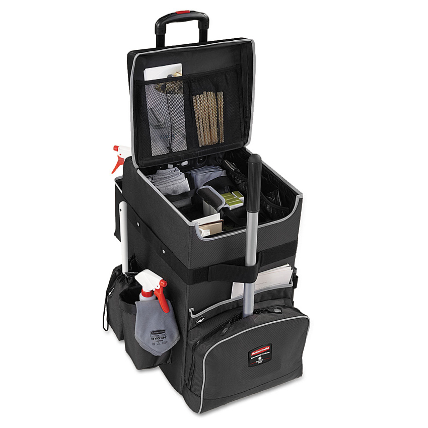 Rubbermaid Commercial Executive Quick Clean Janitorial Cart, Synthetic Fabric, 16 Compartments, 14.25" x 16.5" x 25", Dark Gray (1902465)