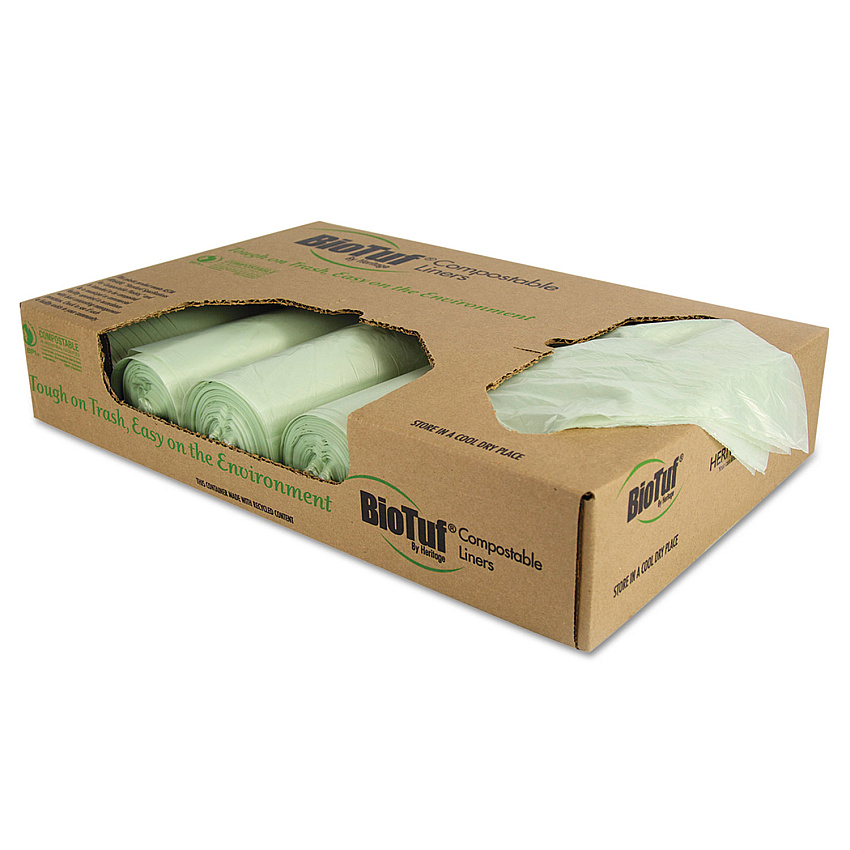 Heritage Biotuf Compostable Can Liners, 48 gal, 1 mil, 42" x 48", Green, 20 Bags/Roll, 5 Rolls/Carton (Y8448YER01)