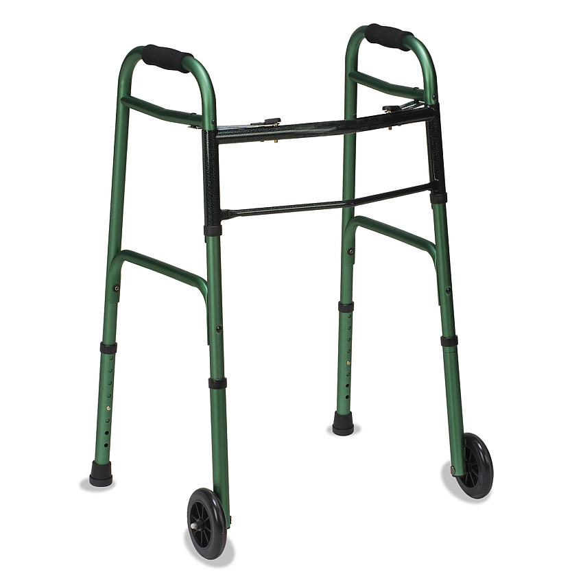 DMI 80210451200 Two-Button Release Folding Walker with Wheels