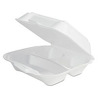 Plastifar Foam Hinged Lid Container Secure One Tab Latch, 3 Compartments, 7.81 x 8.75 x 3.38, White, 100/Sleeve, 2 Sleeves/Bag (12039)