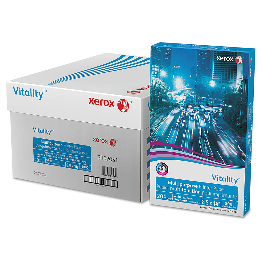 Xerox Vitality Multipurpose Print Paper, 92 Bright, 20 lb Bond Weight, 8.5 x 14, White, 500 Sheets/Ream, 10 Reams/Carton (3R02051CT)