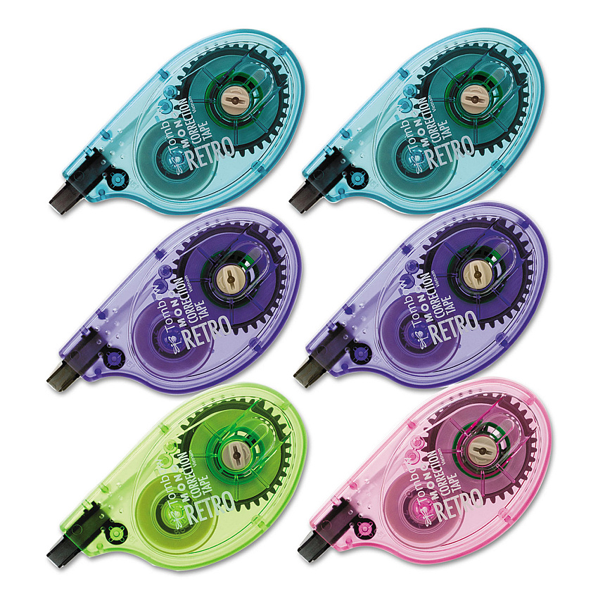 Tombow MONO Original Correction Tape, Assortedt RetroColor Applicators, 0.17" x 394", 6/Box (68670)