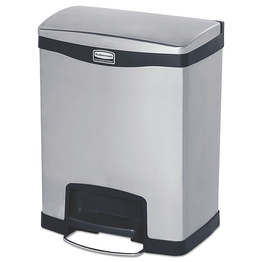 Rubbermaid Commercial Slim Jim Stainless Steel Step-On Container, Front Step Style, 8 gal, Stainless Steel, Black (1901985)