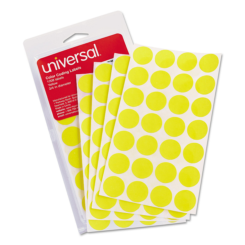 Universal Self-Adhesive Removable Color-Coding Labels, 0.75" dia, Yellow, 28/Sheet, 36 Sheets/Pack (UNV40114)