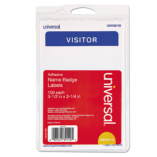 Universal Visitor Self-Adhesive Name Badges, 3.5 x 2.25, White/Blue, 100/Pack (UNV39110)