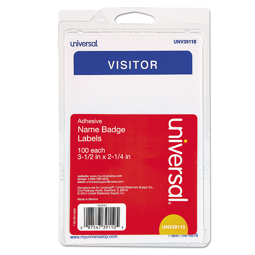 Universal Visitor Self-Adhesive Name Badges, 3.5 x 2.25, White/Blue, 100/Pack (UNV39110)